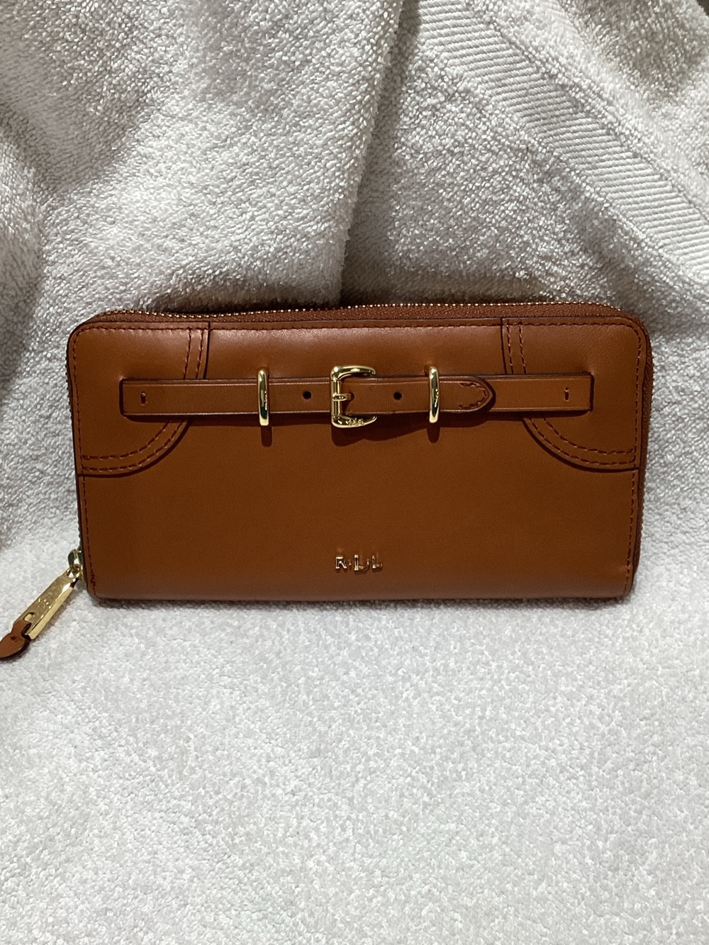Ralph Lauren Tan Leather Zip Wallet with Gold Buckle